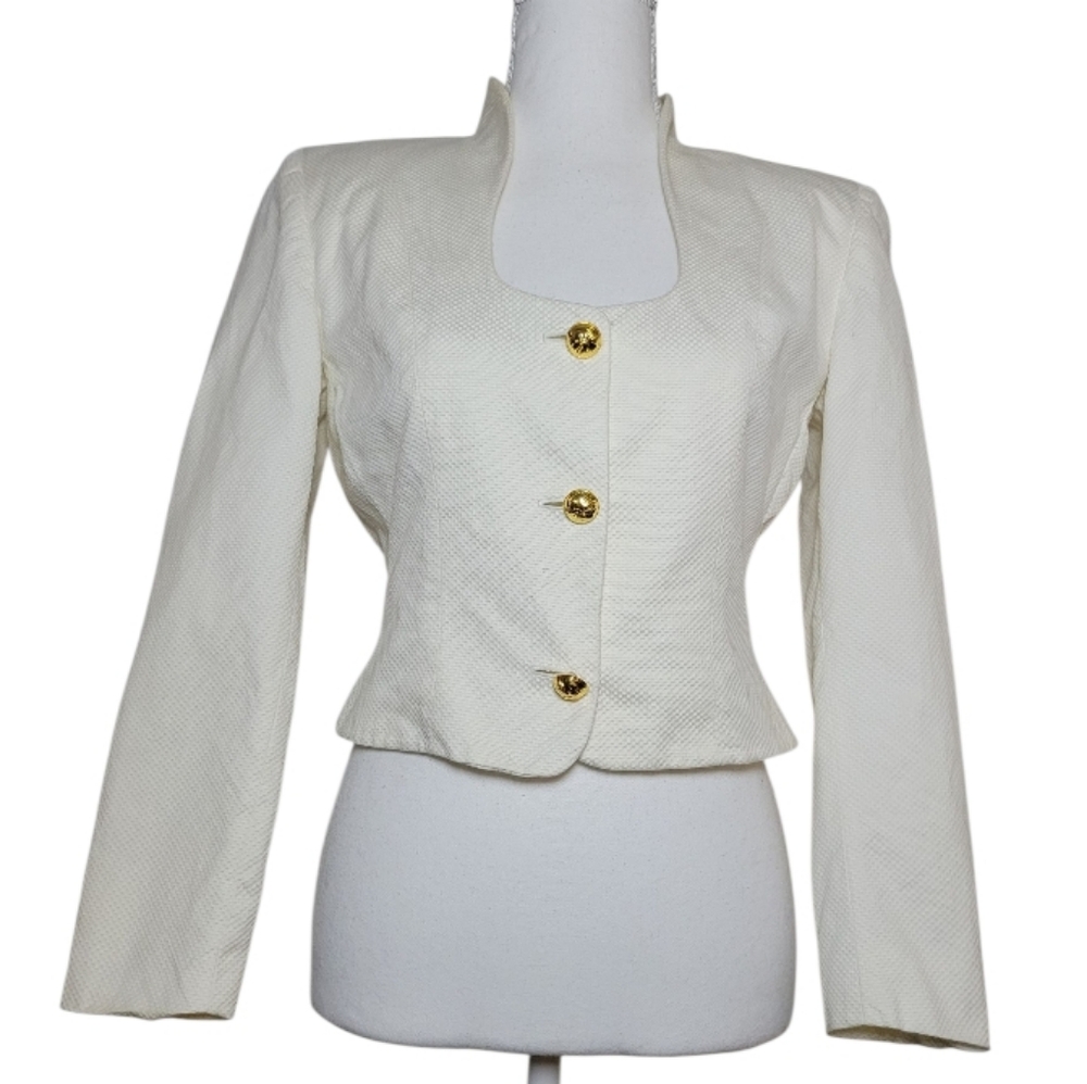 Salvatore Ferragamo Ivory Cropped Textured Blazer with Gold Buttons